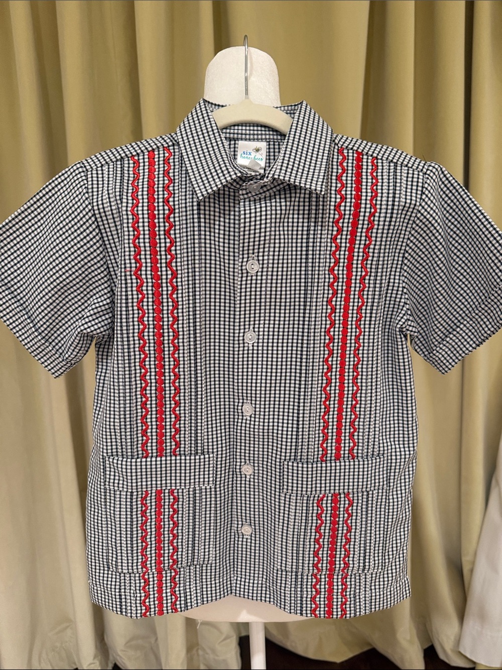 Six Honeybees-Boys Black Gingham Check Guayabera Button Down Shirt w/Red- Size:6